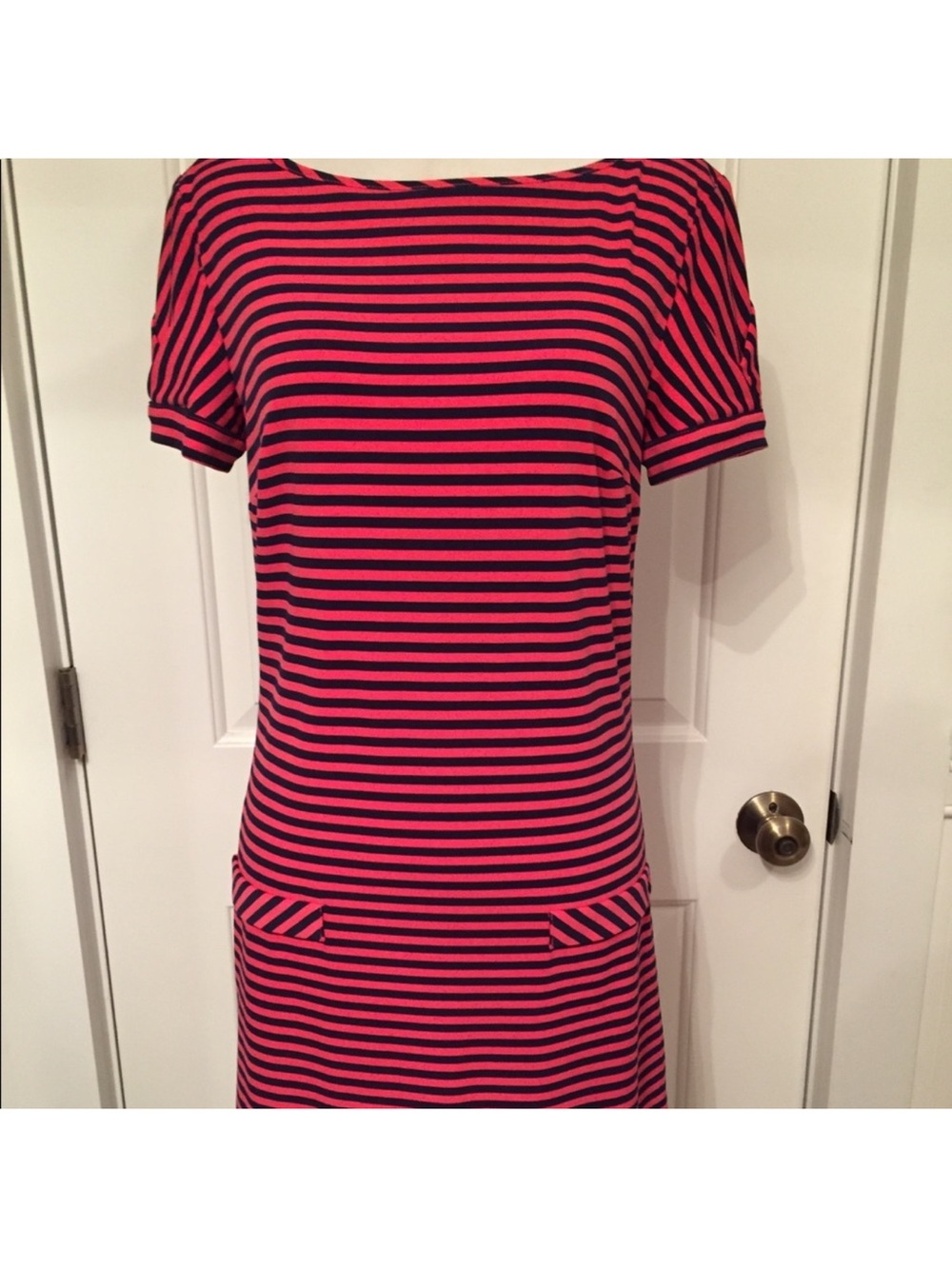 LAUNDRY BY DESIGN DRESS MINI SHIFT RED BLUE STRIPES SHORT CAP SLEEVES Size XS